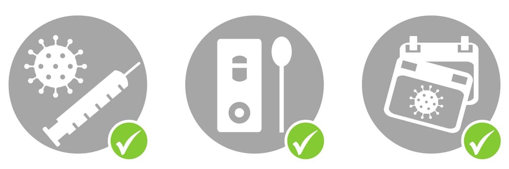 Grey covid-19 button banner: Vaccination, Test or Recovered from infection with green ticks