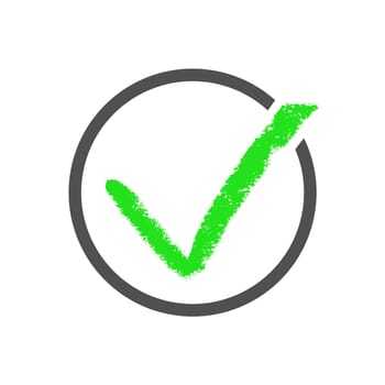 Green hand drawn tick in circle: Icon for check, voting, or confirm