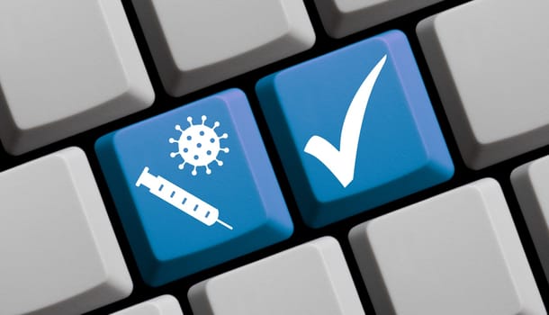 Protest and coronavirus vaccination on blue computer keyboard 3D illustration