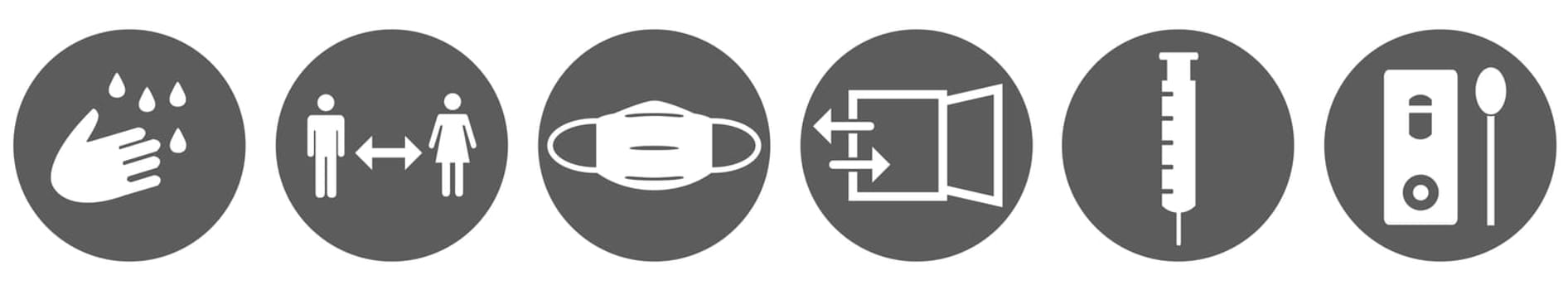 Covid-19 instruction banner: Grey buttons ith white icons for coronavirus rules