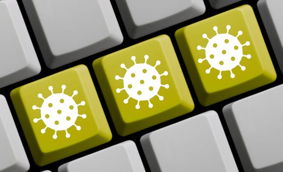 Yellow computer keyboard with 3 covid-19 icons 3D illustration