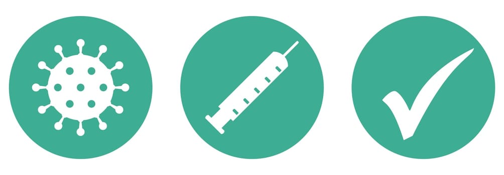 Green buttons with covid-19 vacination icon and tick