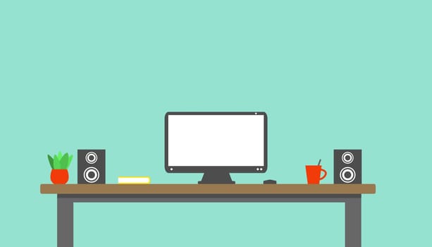 Flat Design background: Office desk with computer monitor and speakers