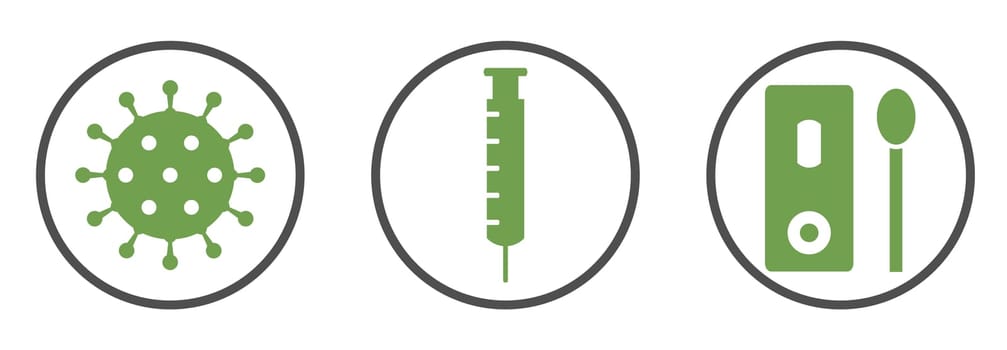 Green Covid-19 Banner: Virus, Syringe and Rapid Test icons
