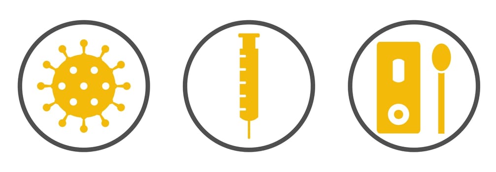 Orange Covid-19 Banner: Virus, Syringe and Rapid Test icons