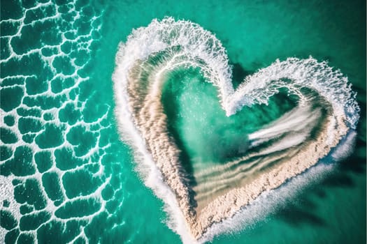 Aerial view of heart shaped trace on turquoise blue sea.