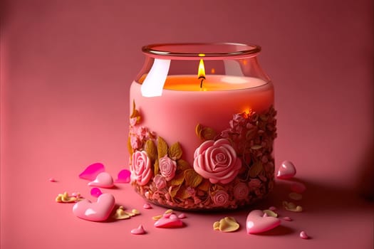 aroma candle with rose bud and hearts on a pink background.