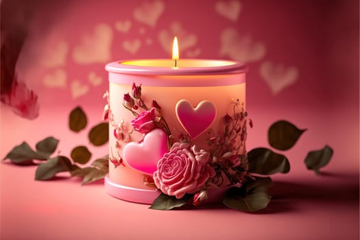 aroma candle with rose bud and hearts on a pink background.