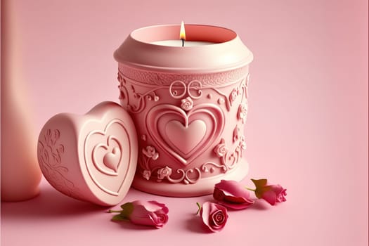 aroma candle with rose bud and hearts on a pink background.