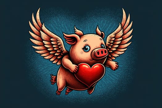 Flying pig with Red heart vector illustration.