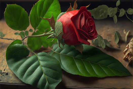Close up picture of red rose and leaves on the table.
