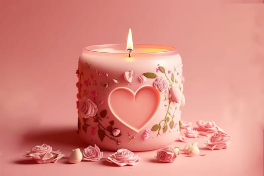 aroma candle with rose bud and hearts on a pink background.