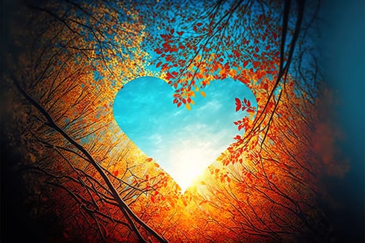 heart shape tree Autumn forest background with Vibrant color sky.