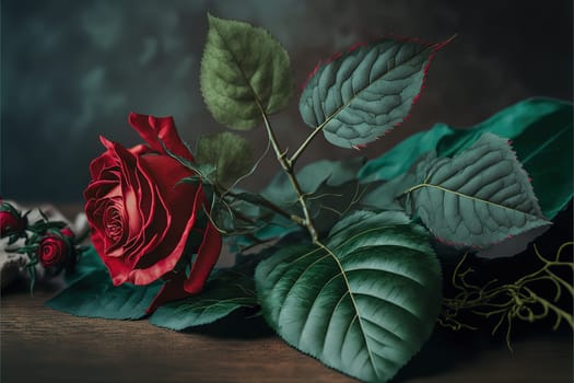 Close up picture of red rose and leaves on the table.