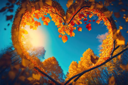 heart shape tree Autumn forest background with Vibrant color sky.