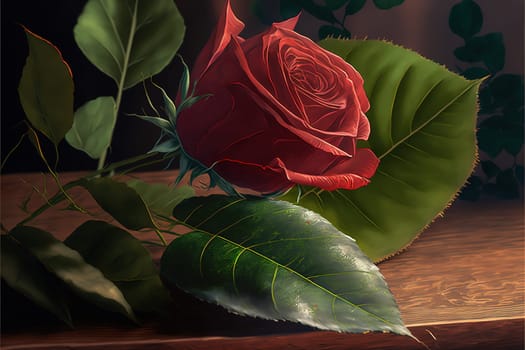 Close up picture of red rose and leaves on the table.