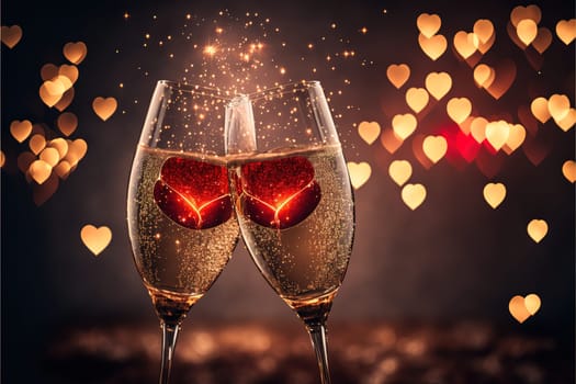 Glasses of champagne with sparkler and heart bokeh.
