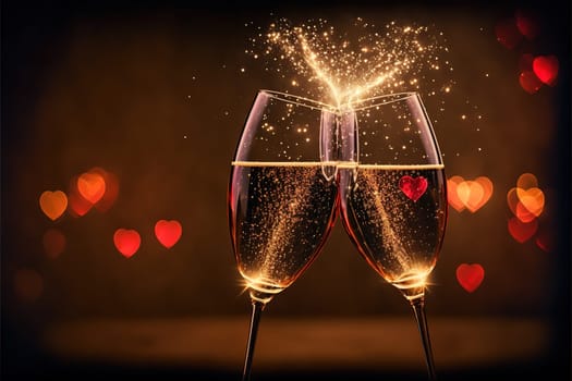 Glasses of champagne with sparkler and heart bokeh.