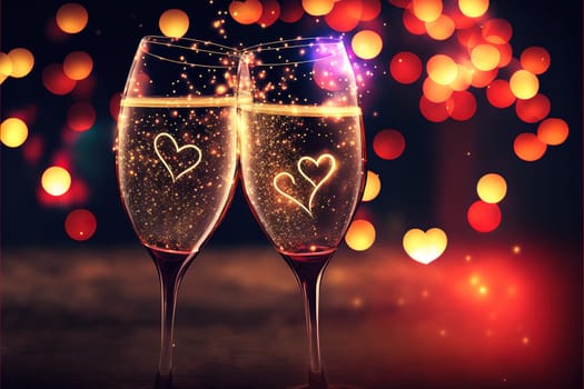 Glasses of champagne with sparkler and heart bokeh.