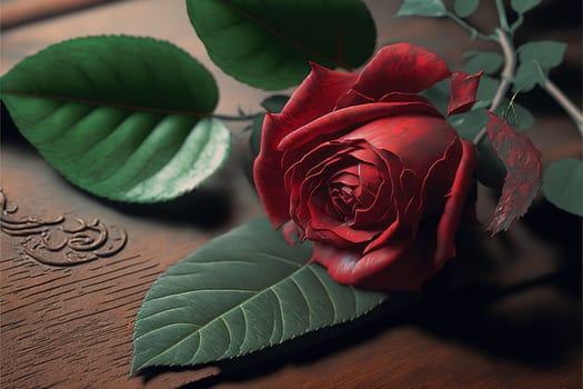 Close up picture of red rose and leaves on the table.
