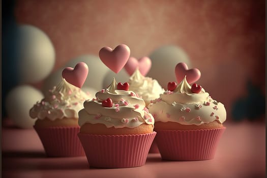 Group of sweet cupcakes with hearts on the top of cream.