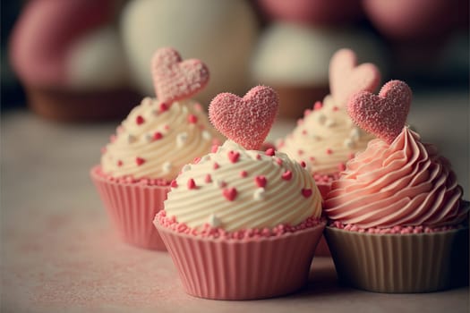 Group of sweet cupcakes with hearts on the top of cream.