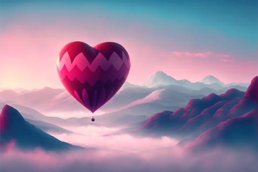 beautiful red air balloon heart shape with mountain view.