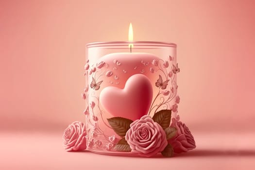 aroma candle with rose bud and hearts on a pink background.