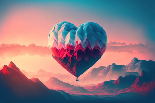 beautiful red air balloon heart shape with mountain view.