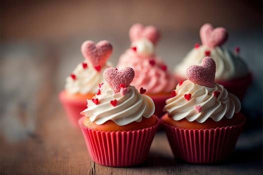 Group of sweet cupcakes with hearts on the top of cream.