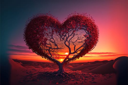 Tree of love. Red heart shaped tree at sunset. Beautiful landscape with red tree and falling leaves.Love background.