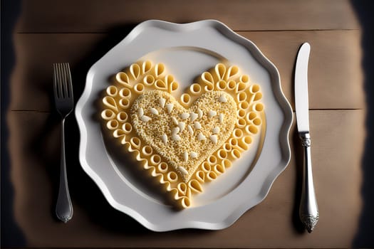 Heart shape pasta made on plate.