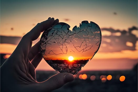 Broken heart in a mans hand on a sunset background.