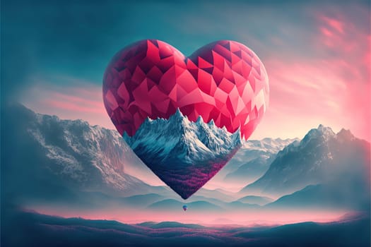 beautiful red air balloon heart shape with mountain view.