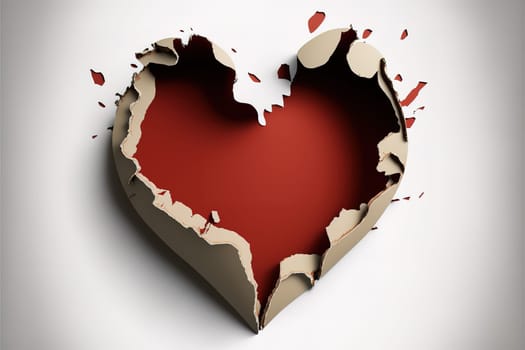 Heart shaped red hole torn through paper, isolated on white background.