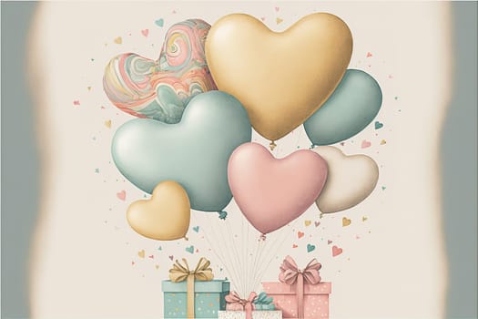 Illustration of pastel colored heart balloons and gift boxes.