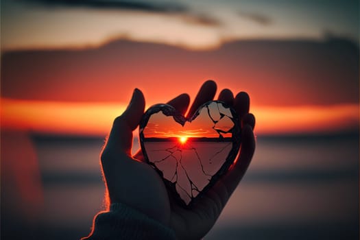 Broken heart in a mans hand on a sunset background.