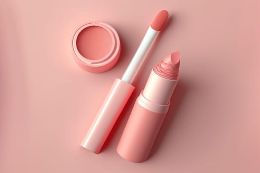 Lipstick and applicator wand on pastel pink background. Liquid lip stick open tube. Makeup cosmetic product. Top view, flat lay 3d illustration.