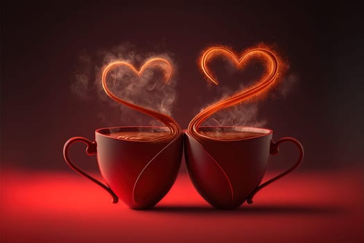 Cups of tea or coffee with steam in two heart shape.