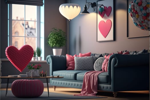 Interior of living room decorated for Valentine's Day.