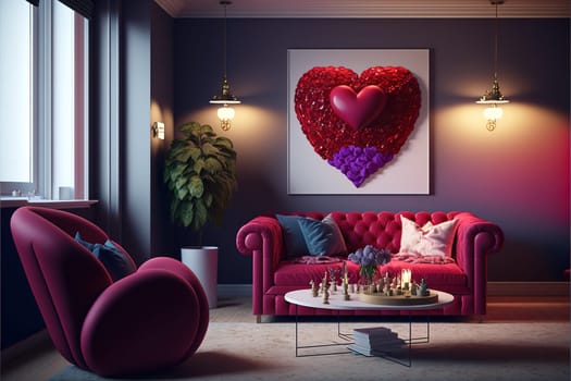 Interior of living room decorated for Valentine's Day.