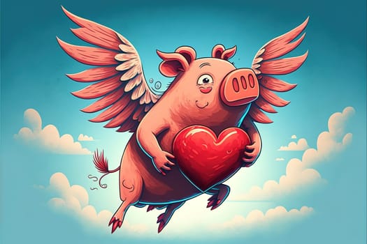Flying pig with Red heart vector illustration.