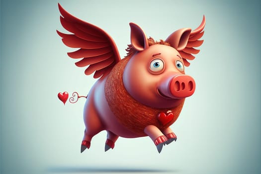 Flying pig with Red heart vector illustration.