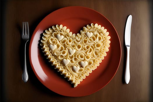Heart shape pasta made on plate.