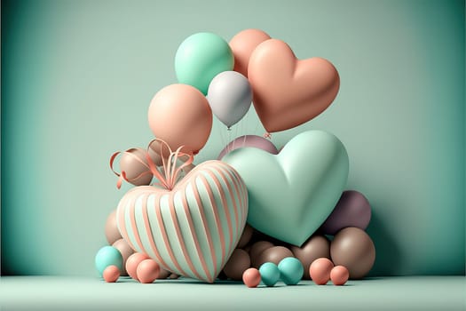 Illustration of pastel colored heart balloons and gift boxes.