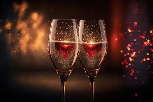 Glasses of champagne with sparkler and heart bokeh.
