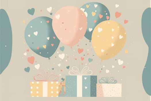 Illustration of pastel colored heart balloons and gift boxes.