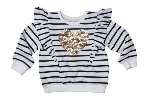 Spring children clothes. Close-up of a stylish beautiful black and white striped little girl sweater or pullover with a heart isolated. Clipping path. Kids winter or autumn fashion.