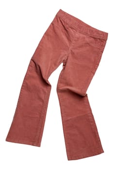 Women casual pants. Close-up of womans fashionable pink casual trousers or jersey sweatpants isolated on a white background. Clipping path. Jogging outfit for workout.