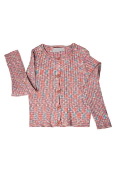 Girls clothes. Multi-colored knitted elegant fluffy cardigan or jumper with v-neck and button closure isolated. Clipping path. Kids and children's fashion.